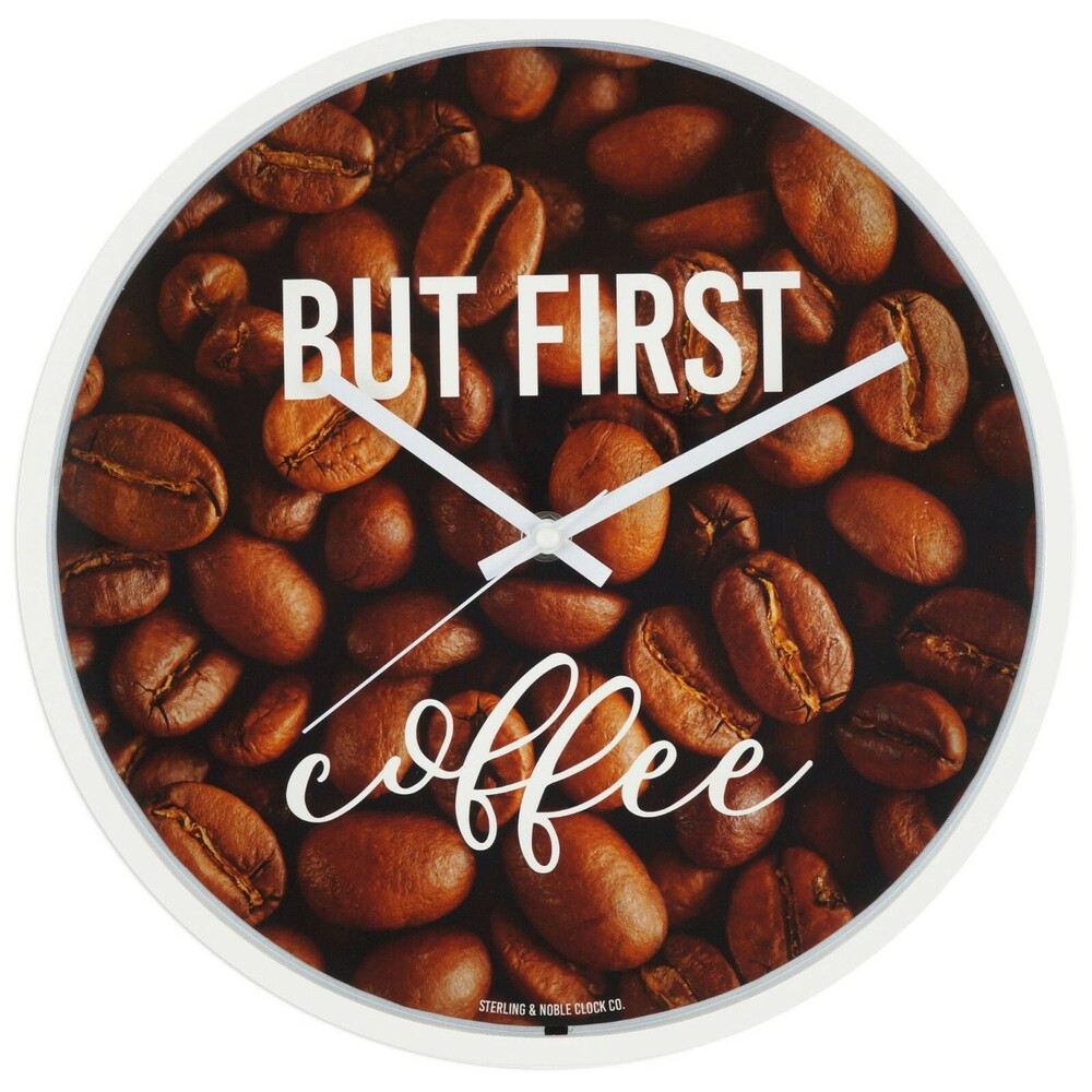 Plastic Wall Clock, approx. 11.5", BUT FIRST COFFEE,COFFEE BEANS, white rim, MS